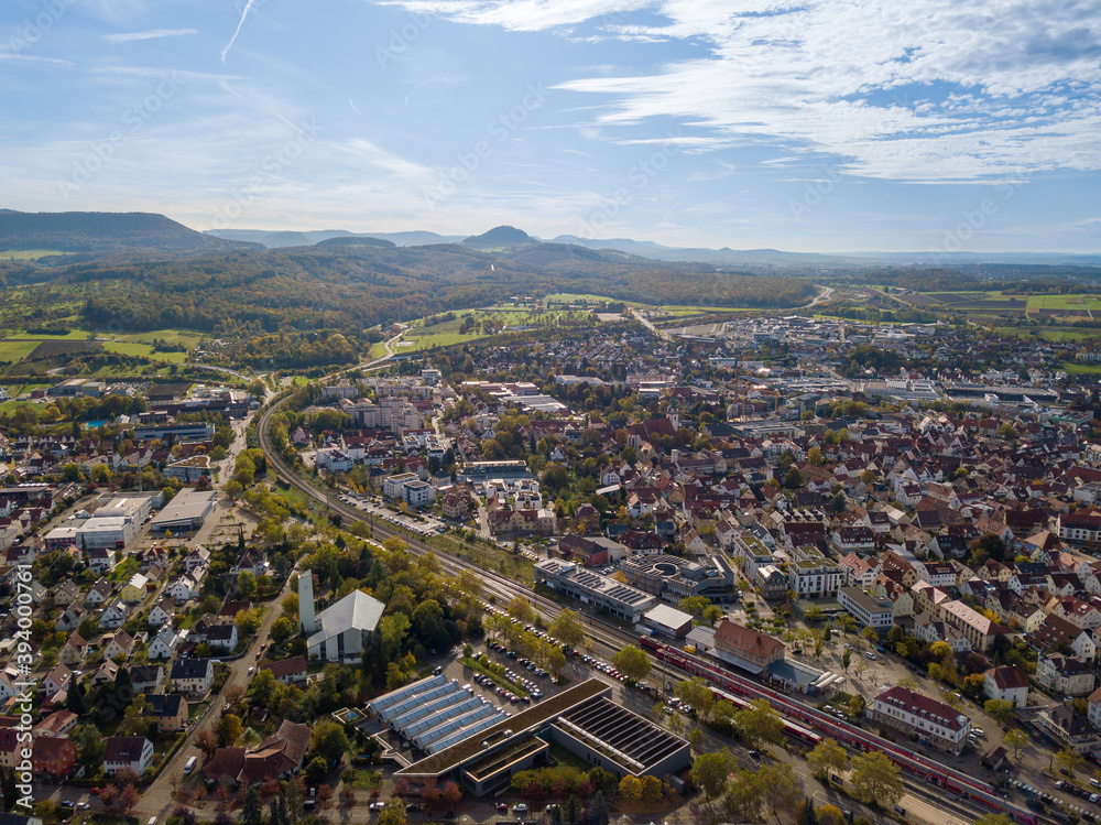 View on Metzingen in southern Germany - the city is known for its huge factory outlet with well known German brands and is located beautifully towards the Swabian Alps