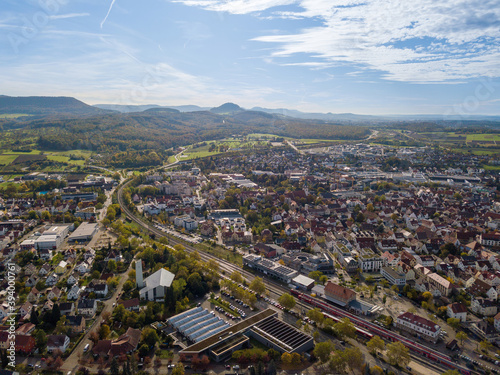 View on Metzingen in southern Germany - the city is known for its huge factory outlet with well known German brands and is located beautifully towards the Swabian Alps