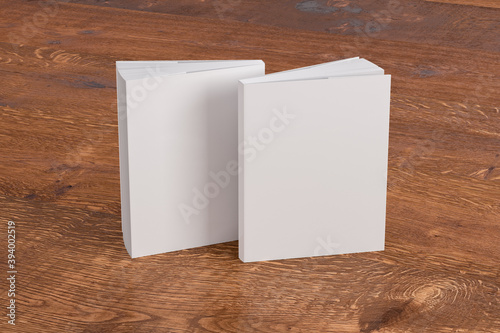 Cuadro en lienzo Two softcover or paperback vertical white mockup books standing on the wooden background