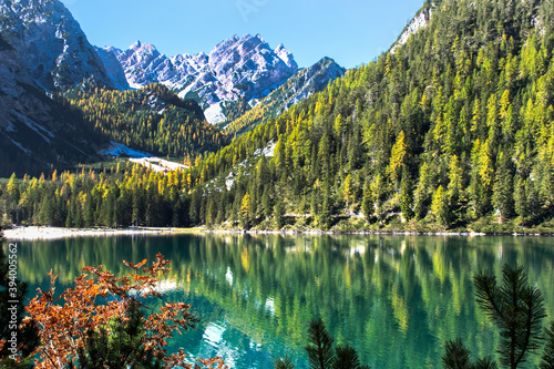 Lake in Dolomite Alps, Lago di Braies, South Tyrol, Italy