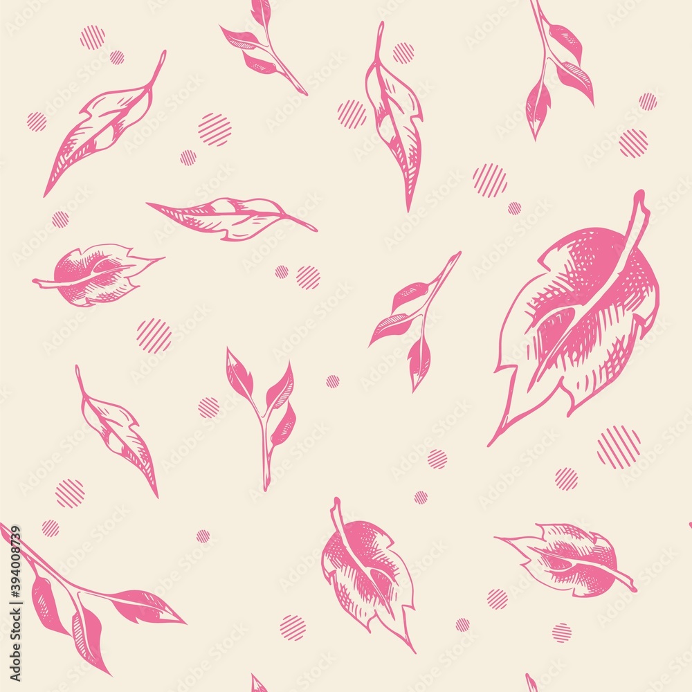 Vector seamless pattern with different pink leaves and geometric elements on a beige background. Illustration with imitation of ink. Artwork for packaging design of medicines, cosmetics, textile. Vector seamless pattern with different pink leaves and geometric elements on a beige background. Illustration with imitation of ink. Artwork for packaging design of medicines, cosmetics, textile.