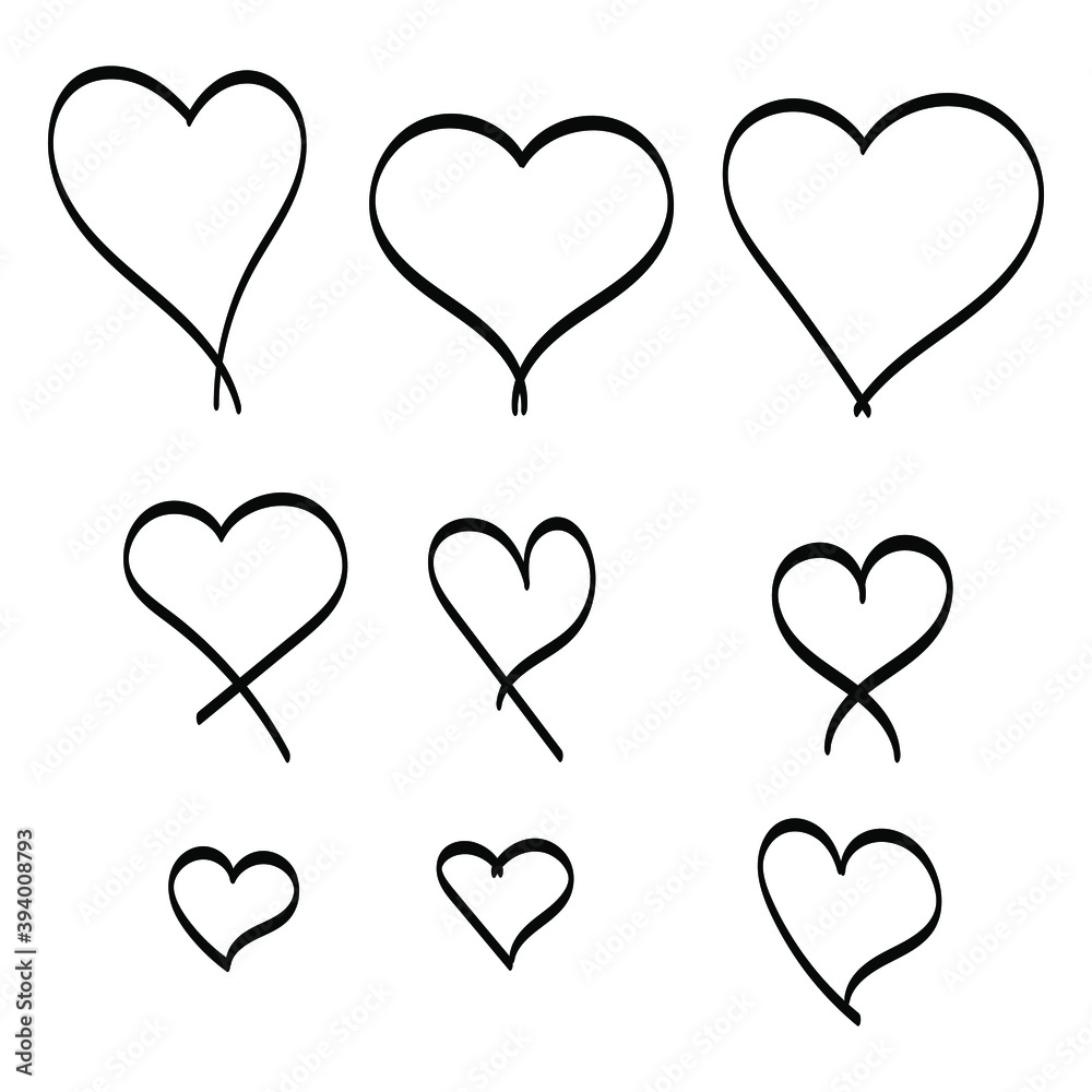 Set of nine hand drawn hearts