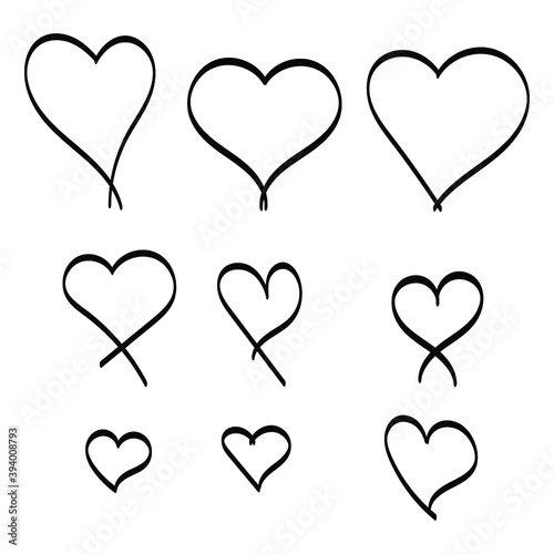 Set of nine hand drawn hearts