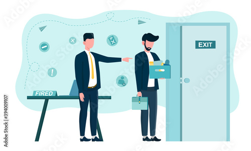 Man getting kicked out of work. Concept of unemployment. Boss fire employee who is now jobless person in financial crisis. Flat cartoon vector illustration