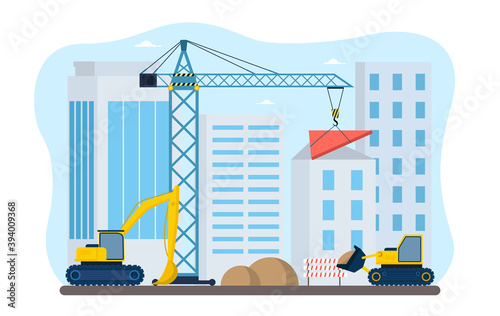 Process of construction in the city. Workers in excavators moving send and crane lifting heavy roof part and putting on house. Flat cartoon vector illustration