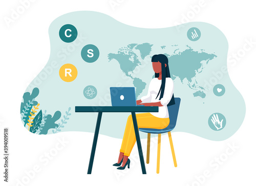 Corporate social responsibility. Concept of private business self-regulation that aims to contribute to societal goals of a philanthropic, activist, or charitable nature. Flat vector illustration