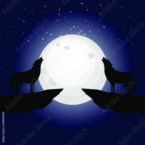 Wolf howls to the full moon in a starry night vector illustration EPS10