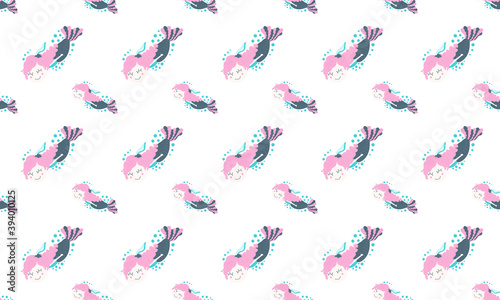 Childrens seamless pattern of floating little mermaid girls with pink hair braids and bubbles on a white background. Vector.