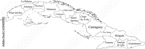 White vector map of Cuba with black borders and names of it's provinces