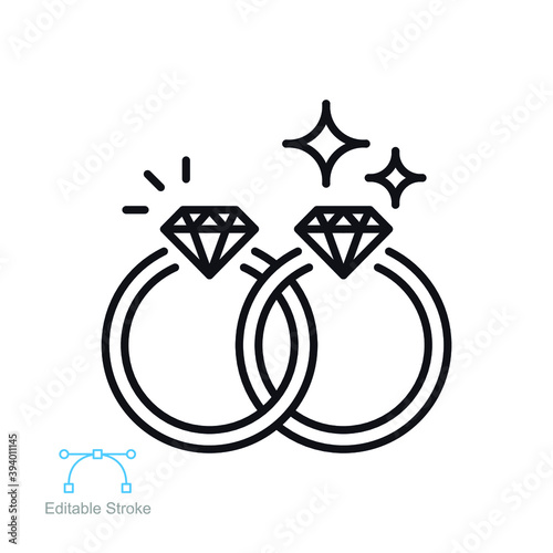 Wedding rings line icon. Shiny elegant diamond ring for couple relationship. Engagement fiance Jewelry. Marriage Jewel Accessory. Editable stroke. Vector illustration design on white background EPS 10