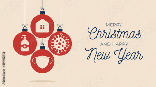 Set Christmas Coronavirus balls card. Xmas banner Coronavirus Cell Icon, 2019-nCoV in tree bauble. Warning symbol of COVID-19, MERS-Cov, Novel coronavirus. Vector illustration