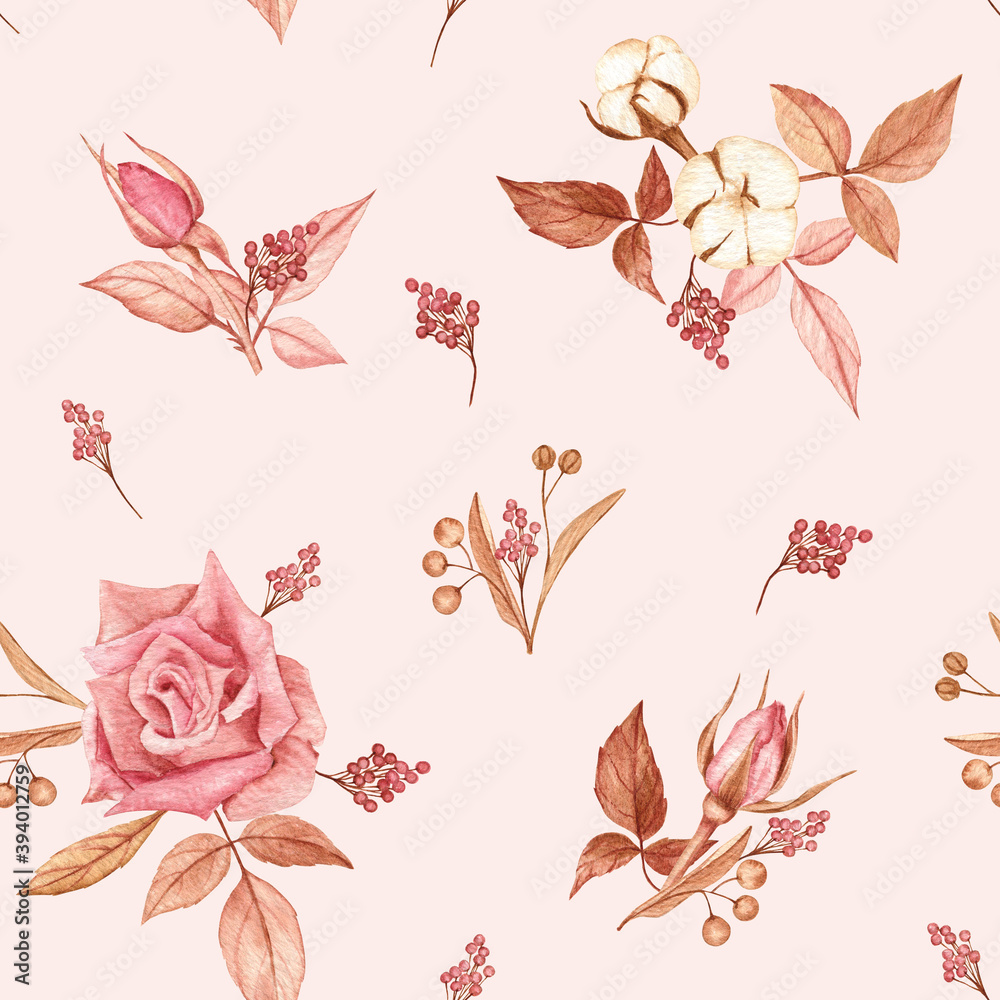 Seamless pattern with roses compositions, rosebuds, cotton flowers and leaves, pepper and linden. Watercolor illustration on a pale beige-pink background. For fabric, textile, fashion and web design. 