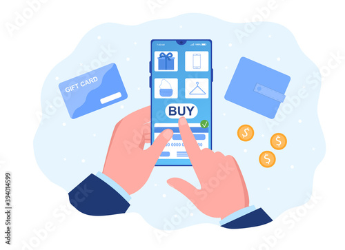 Man doing online shopping. Male hand choosing goods using smartphone app via internet app in e-shop. Concept of technology giving us opportunity to buy stuff from phone. Flat vector illustration