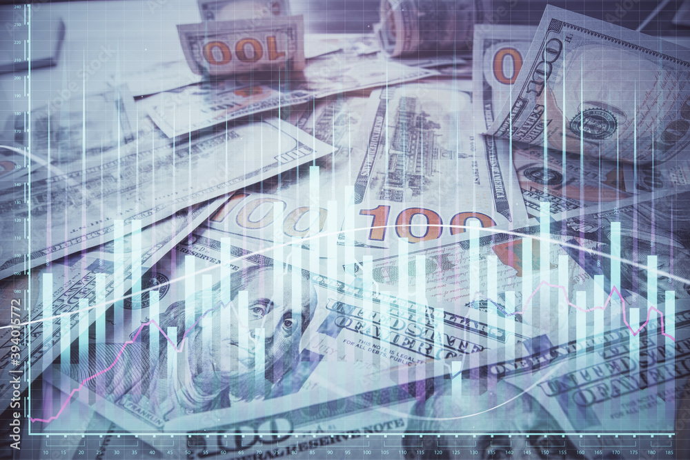 Multi exposure of forex chart drawing over us dollars bill background. Concept of financial success markets. Multi exposure of forex chart drawing over us dollars bill background. Concept of financial success markets.
