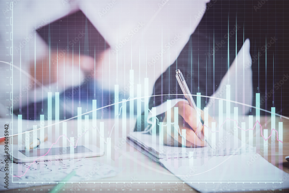 Double exposure of forex chart drawing over people taking notes background. Concept of financial analysis Double exposure of forex chart drawing over people taking notes background. Concept of financial analysis