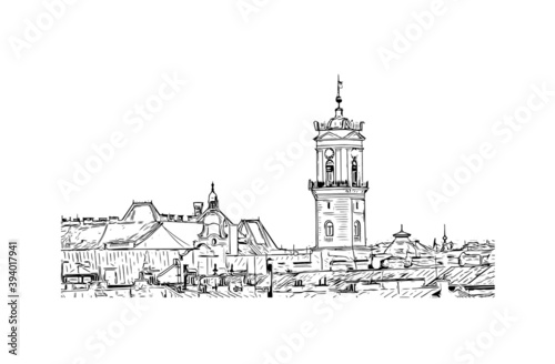 Building view with landmark of Chernivtsi is a city in western Ukraine. Hand drawn sketch illustration in vector.