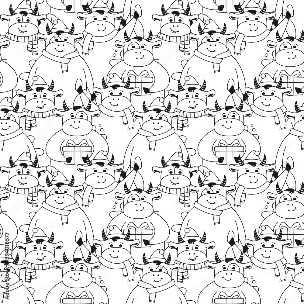 Christmas seamless pattern bull, black and white textile. New Year symbol linear cow, buffalo or calf wallpaper. Merry Christmas, happy New Year. cartoon animal character vector