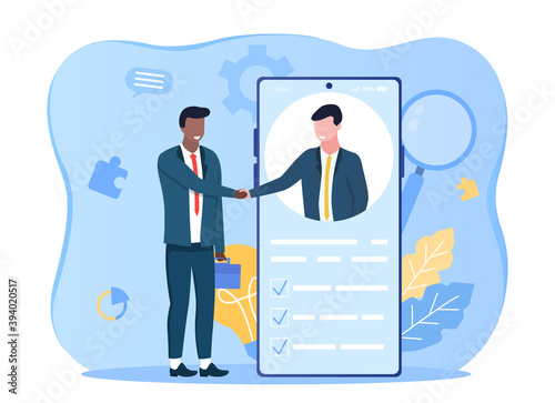 Idea of teamwork and outsourcing. Concept of a company employing another organization to do some of its work, rather than using its own employees. Flat cartoon vector illustration.