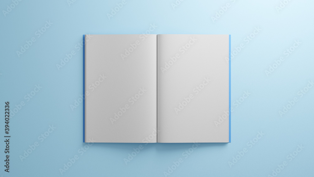 Open book with white blank sheets paper. Blue cover and blue background. 3D Illustration. Mock-up. Easy to recolor. Spread pages. Magazine
