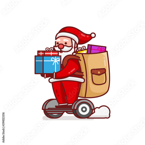 Christmas Santa Claus Cartoon Character deliver gift box by riding a hover board Flat Design