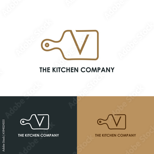 Kitchenware, Kitchen utensils business logo concept with cutting board and initial V letter template	