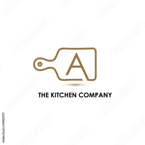 Kitchenware, Kitchen utensils business logo concept with cutting board and initial A letter template	