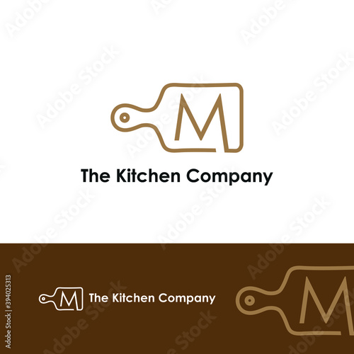 Kitchenware, Kitchen utensils business logo concept with cutting board and initial M letter template	