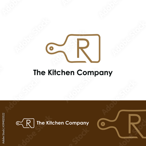 Kitchenware, Kitchen utensils business logo concept with cutting board and initial R letter template	