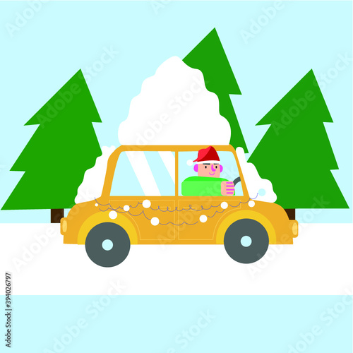 Man in New years hat driving car, vector illustration