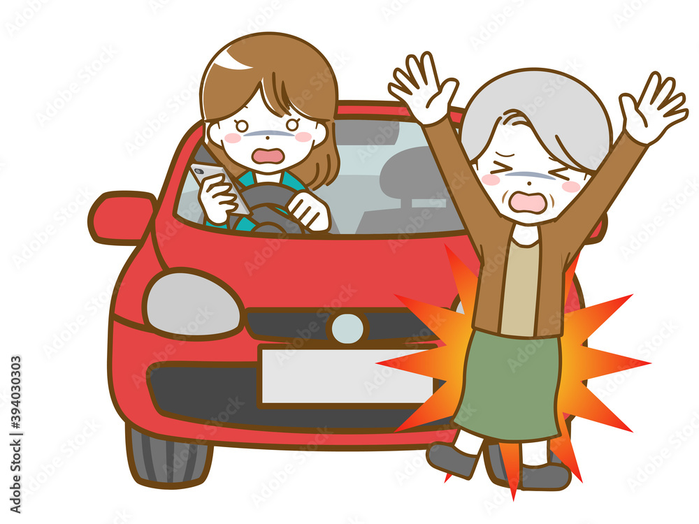 運転中によそ見して老年女性にぶつかる女性 運転中によそ見して老年女性にぶつかる女性