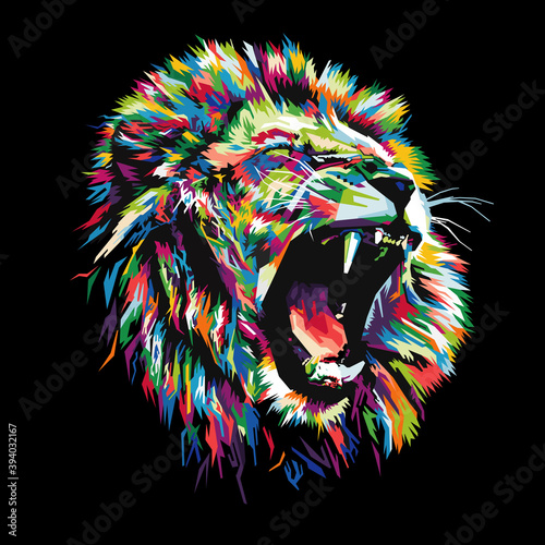 colorful lion head on pop art style isolated with black backround photo