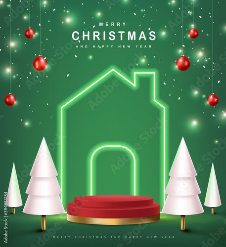 Merry Christmas banner with product display cylindrical shape