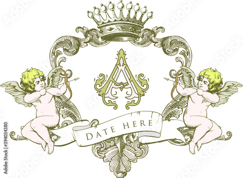 AA Classic Monogram with Baroque Ornament & Cupid for Wedding Invitation
