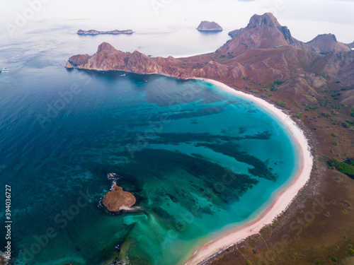 Pink beach drone view in Padar Island drone view Indonesia