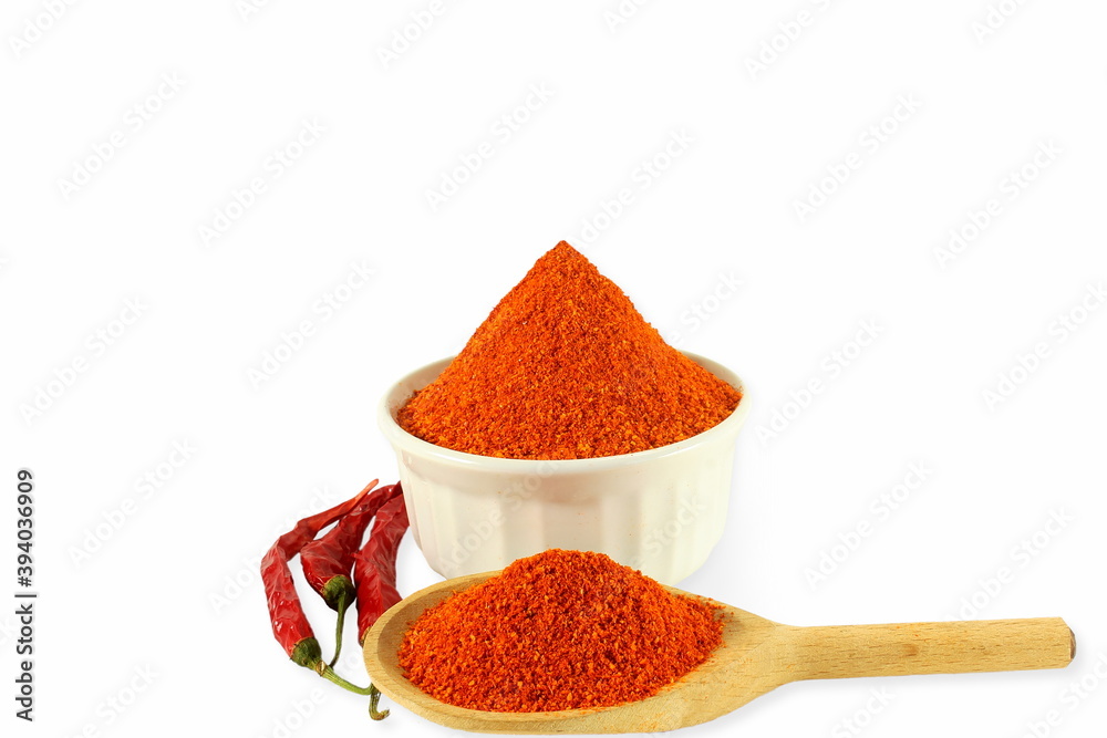 indian spice red chilli powder or mirchi powder with red chilli pepper on white background indian spice red chilli powder or mirchi powder with red chilli pepper on white background