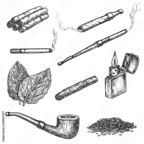 Smoking, snuff and chewing tobacco hand drawn sketch set. Engraved cigar, cigarette, cigarillo in paper roll, smoking pipe, tobacco leaf and powder vector illustration isolated on white background photo