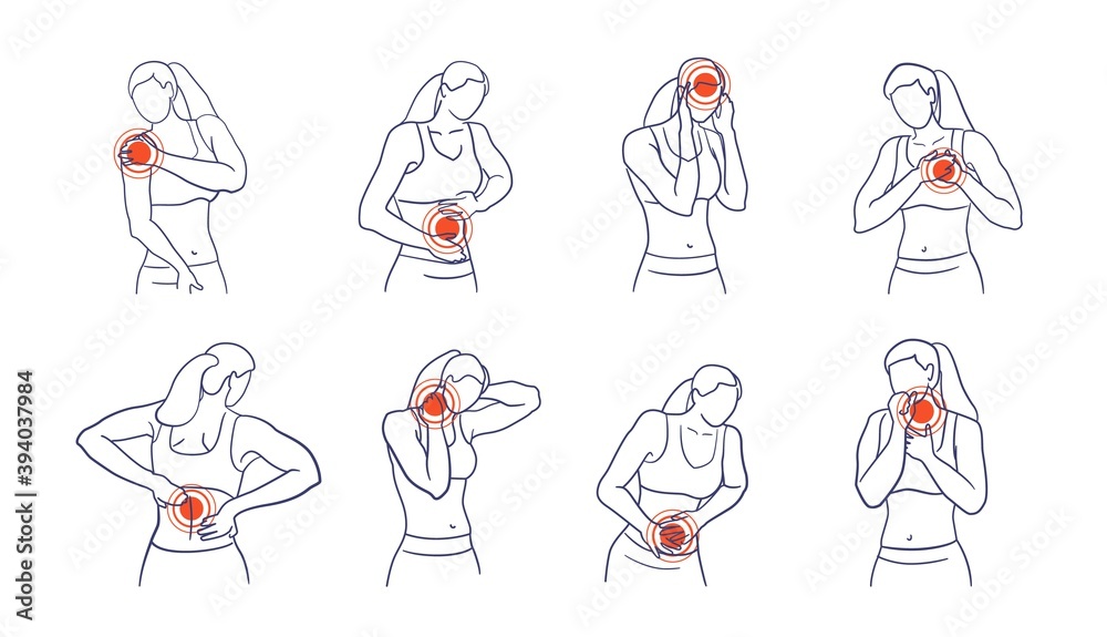 Woman torso with different body pain area pointer dot set. Female with headache, menstrual, abdominal pain, neck, throat, spine, shoulder, chest cramp vector illustration isolated on white background Woman torso with different body pain area pointer dot set. Female with headache, menstrual, abdominal pain, neck, throat, spine, shoulder, chest cramp vector illustration isolated on white background