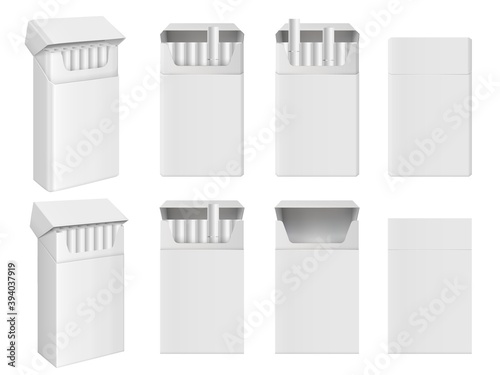 Realistic clear blank flip-top cigarette pack box mockup set. Closed and opened, full and empty cardboard package design template for tobacco product vector illustration isolated on white background