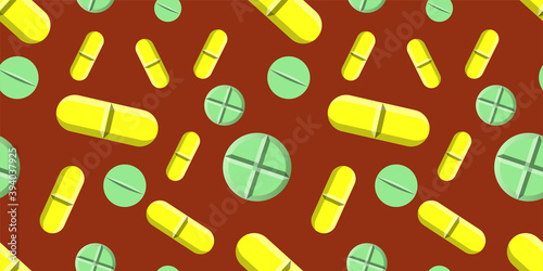 Seamless vector pattern of yellow and green pills isolated on brown background. Medicine creative concepts. illustration for pharmaceutical industry. Suits for Packaging, Covers, etc.