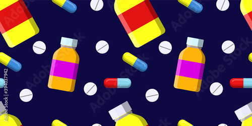 Seamless vector pattern of pill bottle, a white pills and colored capsule pills isolated on dark blue background. Natural vitamin pills. Alternative medicine. Horizontal banner. vector eps10.