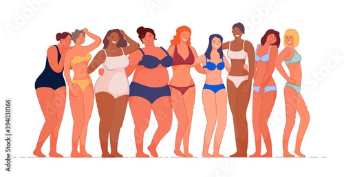 Diverse multiracial woman embracing natural body. Happy attractive slim, overweight girl group in feminine body positive and beauty diversity movement vector illustration isolated on white background