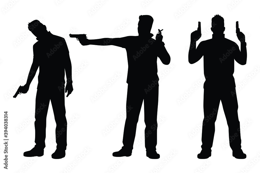 Set of thug man with gun silhouette vector