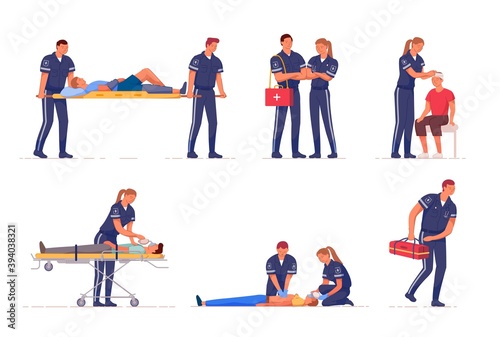 Medical emergency paramedic rescue team first aid at work. Professional medic specialist staff in uniform help people with injury, provide treatment vector illustration isolated on white background
