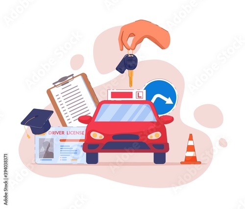 Education at driving school advertising logo emblem template. Car and driver training accessory, hand holding key, road sign and drive license vector illustration isolated on white background