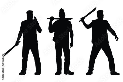 Set of thug man with knife silhouette vector