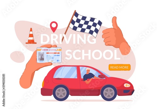 Driving school web banner advertisement design. Car driver class website landing page with certified graduate student hand showing license and thumbs up giving positive feedback vector illustration