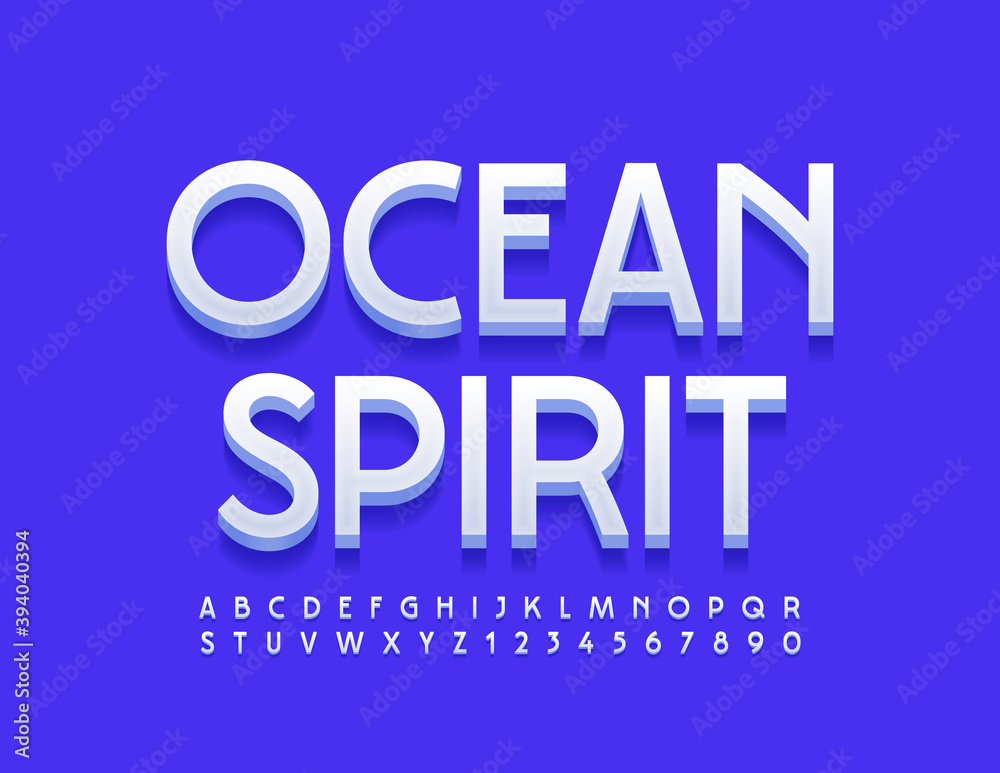 Vector stylish banner Ocean Spirit. Modern 3D Font. White Alphabet Letters and Numbers set