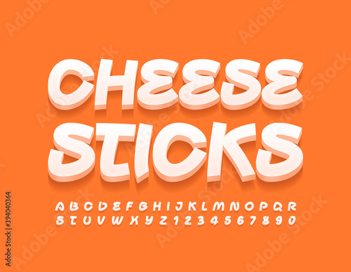 Vector tasty sign Cheese Sticks.  White creative Font. Handwritten 3D Alphabet Letters and Numbers set