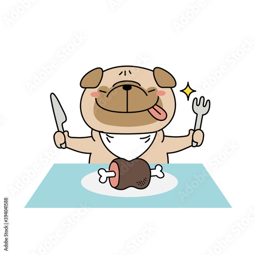 ごちそうを食べようとしているパグ犬