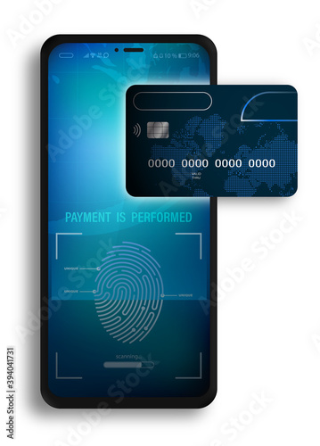 secure payments online with smartphone in online store. Internet payment via mobile phone by credit card. Bank card data scanning. Fingerprint identification concept. Vector